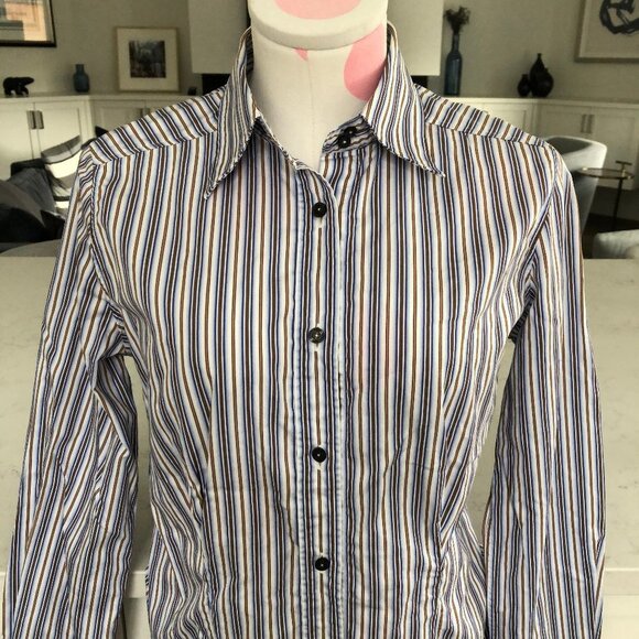Etro Button Down Striped Italian Made Shirt Blue Wht Gold Sz 8/44 no fabric tag - Picture 1 of 8